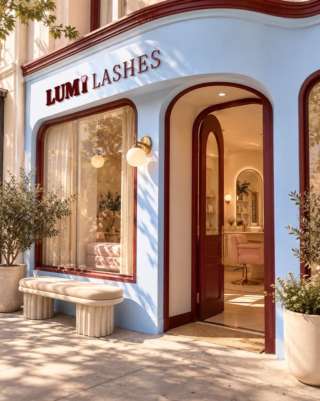 The Lumi Lashes storefront: a powder-blue facade with merlot arches and a gold-lit doorway