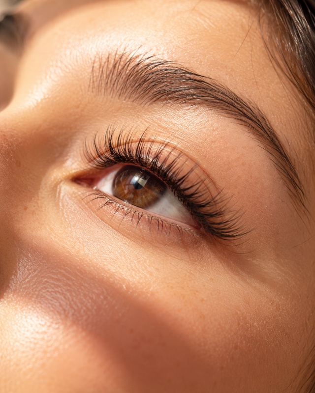 Close-up of an eye with soft, fluffy lash extensions in warm light