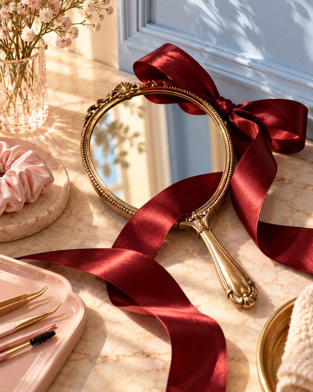 An antique gold hand mirror tied with a merlot satin bow beside lash tweezers on a pink tray