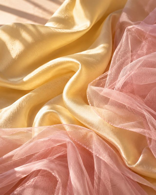 Butter-yellow satin and blush tulle in warm light