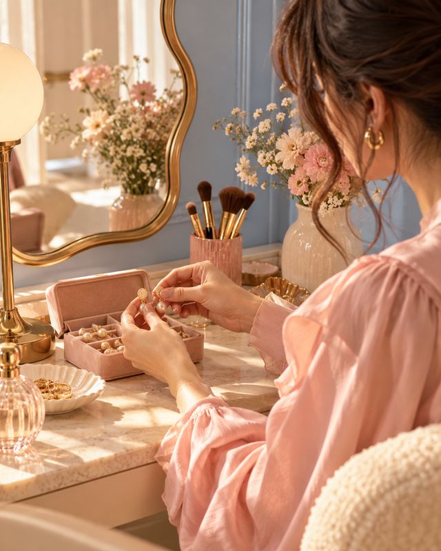 A woman at a vanity choosing pearl earrings from a pink velvet jewellery box