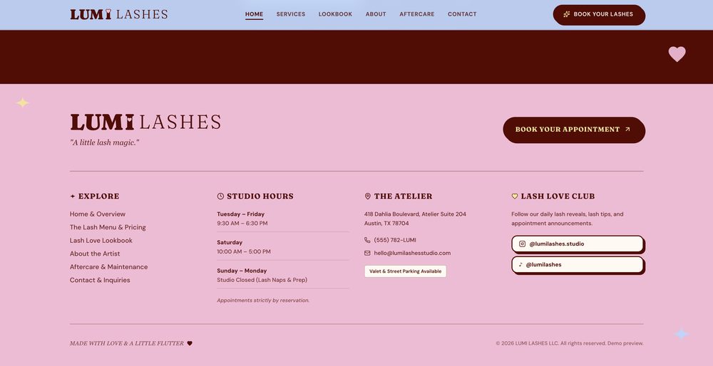 Lumi Lashes website footer: the Lumi Lashes logo with A little lash magic., a Book your appointment button, navigation, studio hours, address and social links