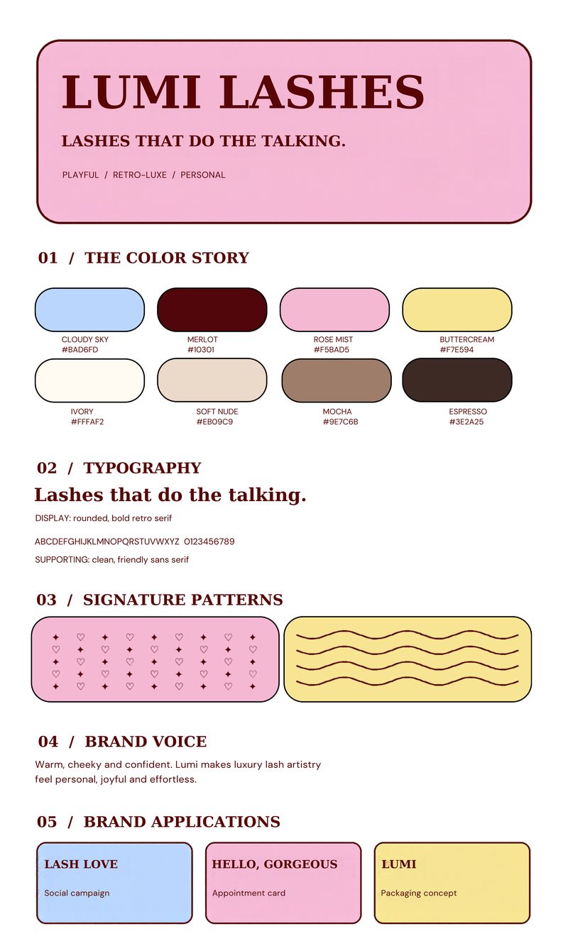Lumi Lashes brand guide: Lashes that do the talking, a colour story of cloudy sky, merlot, rose mist, buttercream, ivory, soft nude, mocha and espresso, typography, heart and wave patterns, brand voice and brand applications