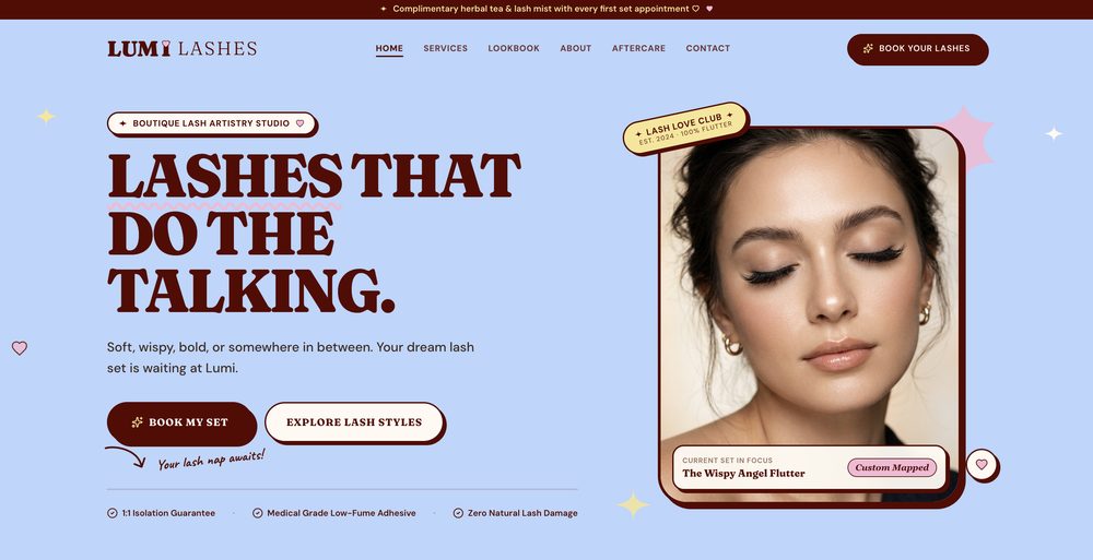 Lumi Lashes homepage hero: the headline Lashes that do the talking., Book my set and Explore lash styles buttons, and a portrait showing wispy lash extensions