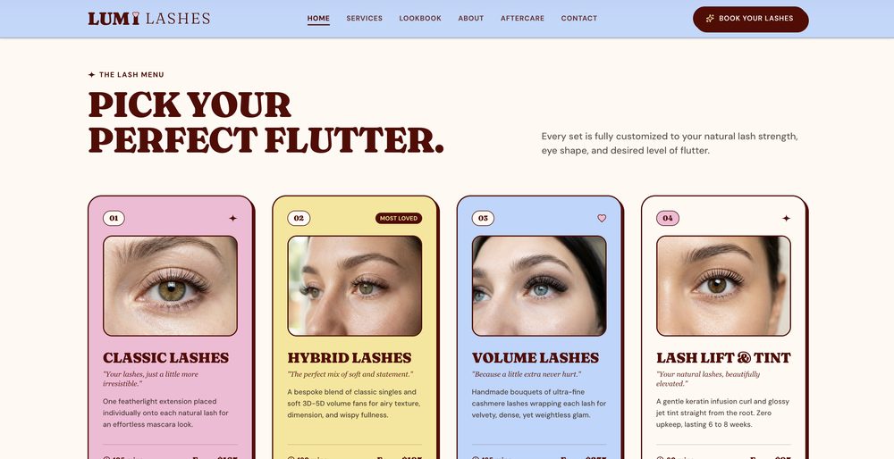 Lumi Lashes lash menu page: Pick your perfect flutter., with cards for classic, hybrid and volume lashes and lash lift and tint