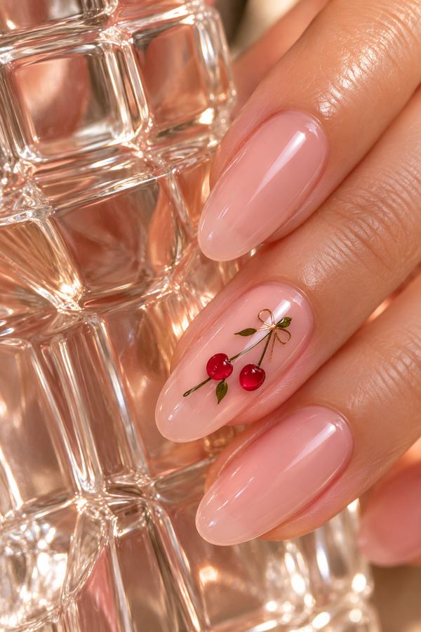 Close-up of almond nails in sheer pink with hand-painted cherry nail art