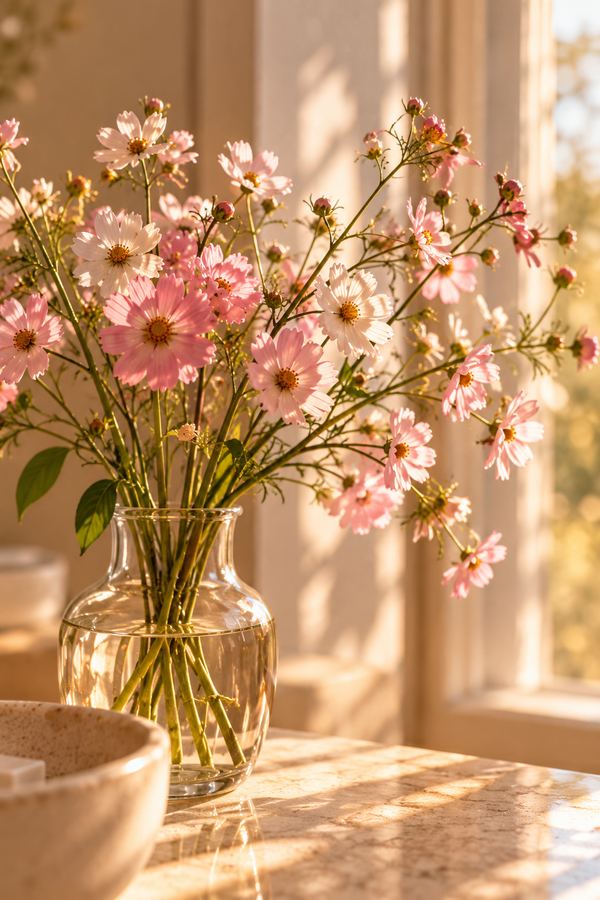 Pink cosmos flowers in a glass vase in warm window light