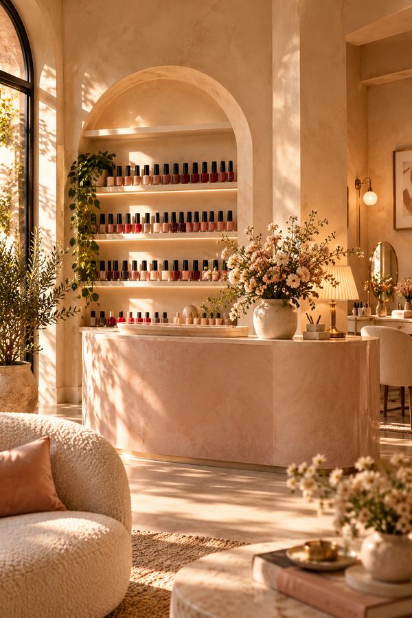 The Nail Atelier interior: an arched polish wall above a blush marble reception desk