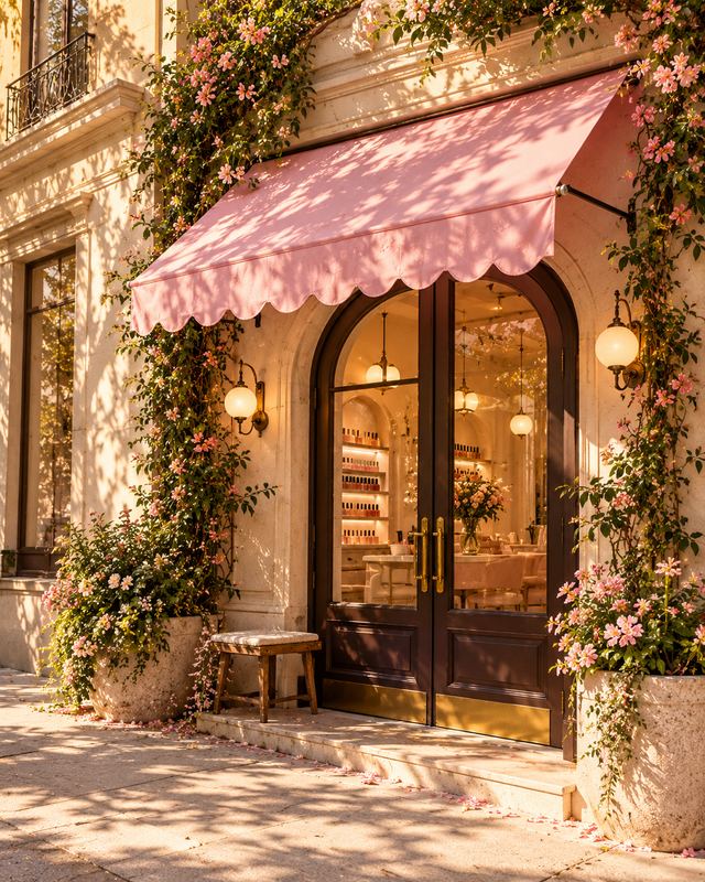 The Nail Atelier storefront: a pink scalloped awning over arched double doors framed by climbing flowers