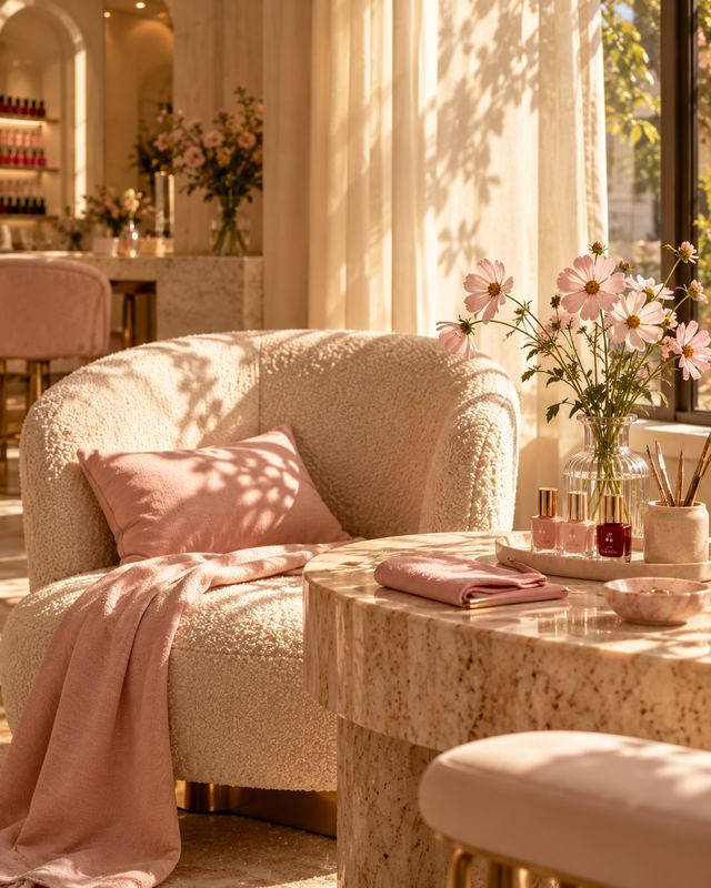 A boucle armchair with a blush cushion beside a marble table set with polish and pink cosmos