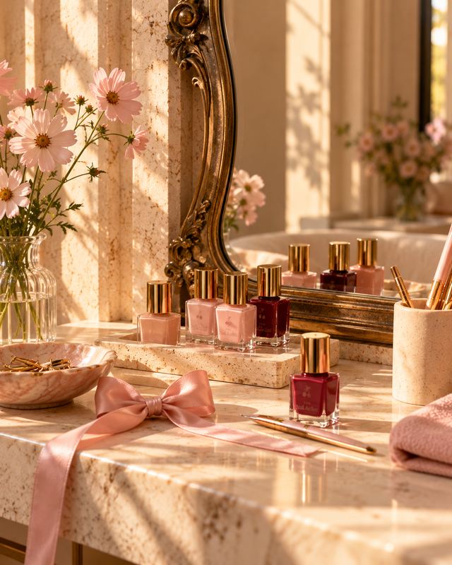 Nail Atelier polish bottles with gold caps on a marble vanity beside an ornate mirror and a pink ribbon