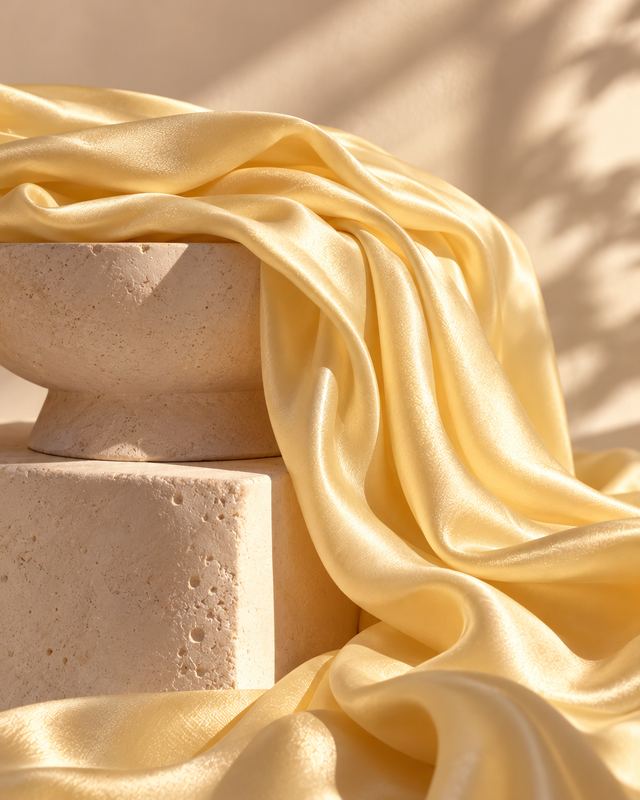 Butter-yellow satin draped over travertine blocks