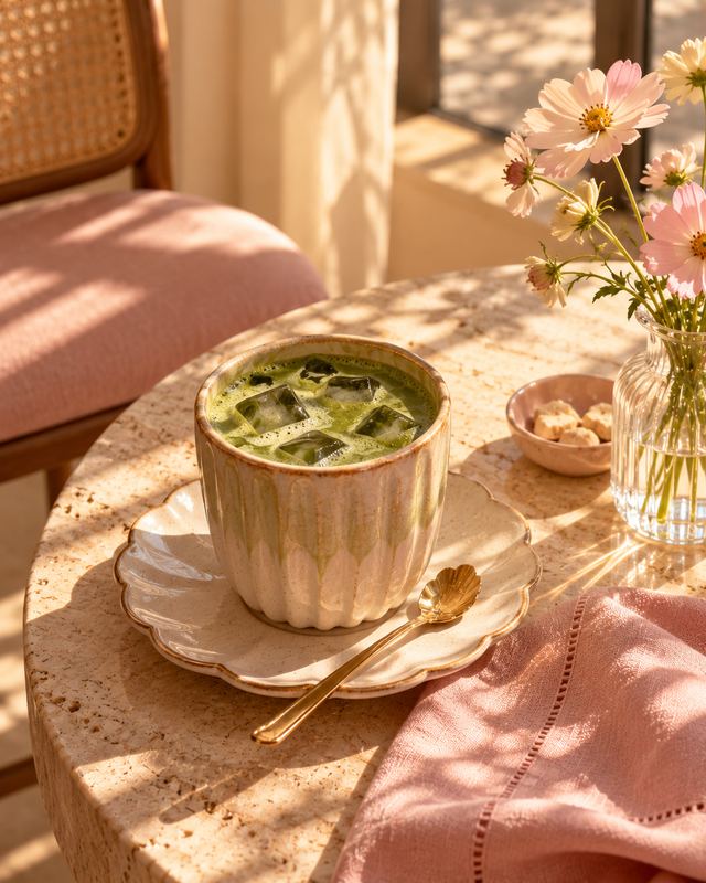 An iced matcha on a scalloped saucer beside pink cosmos and a blush linen napkin