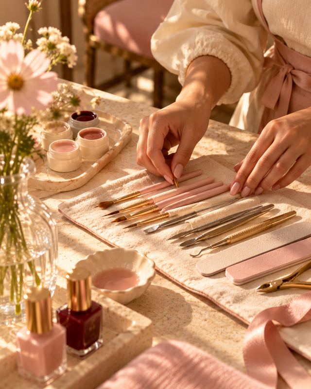 A nail artist laying out brushes and tools on a linen roll next to gel pots and polish