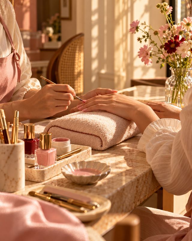 A nail artist painting a client's nails over a towel cushion on a marble table