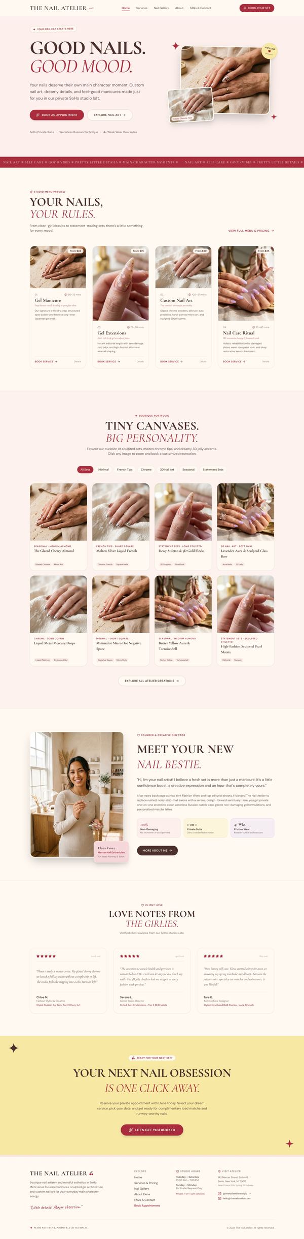 Full homepage design for The Nail Atelier: hero, studio menu, nail art portfolio, meet the founder, client reviews, booking call to action and footer