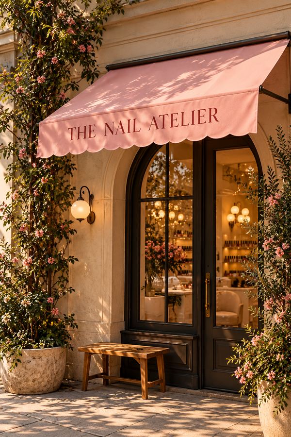 The Nail Atelier storefront with a pink scalloped awning and arched black doors