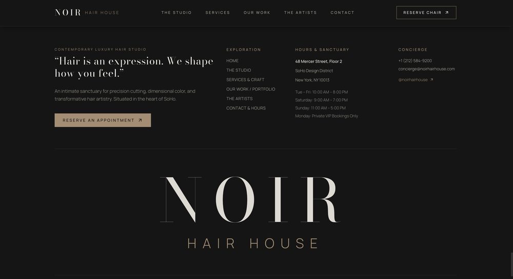 NOIR Hair House website footer: the line Hair is an expression. We shape how you feel., navigation, studio hours, contact details and a large NOIR Hair House wordmark