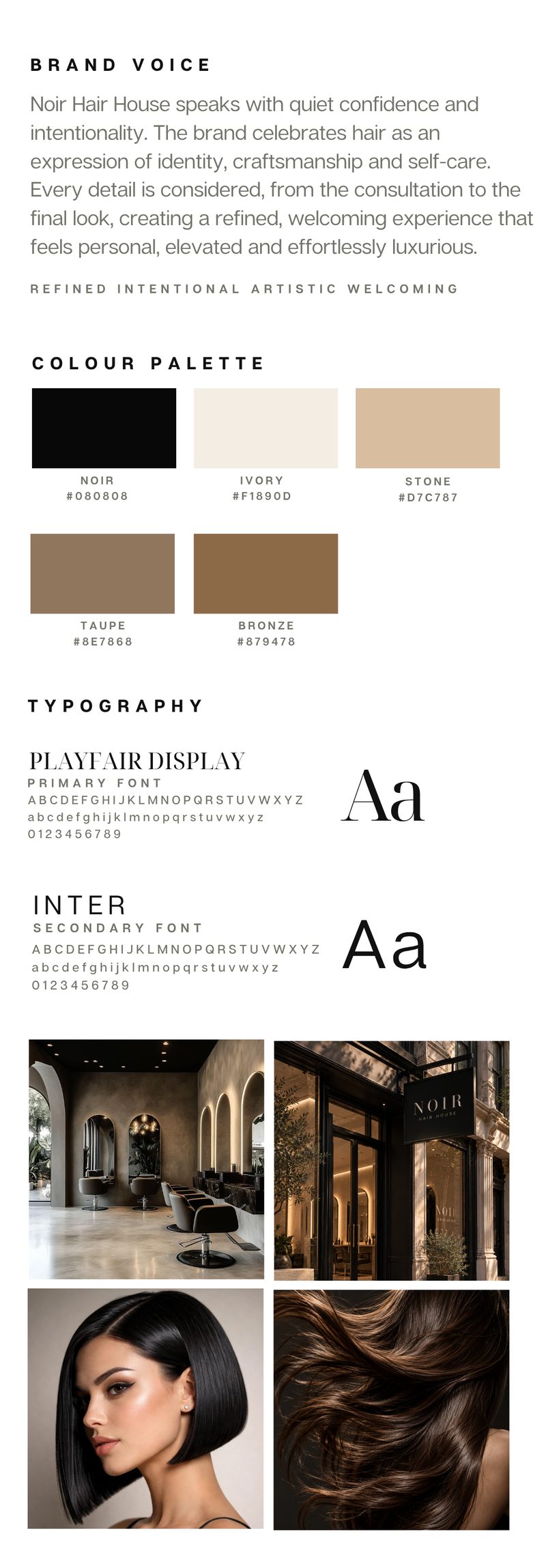NOIR Hair House brand guide: brand voice (refined, intentional, artistic, welcoming), a palette of noir, ivory, stone, taupe and bronze, Playfair Display and Inter fonts, and photos of the salon, storefront and hair